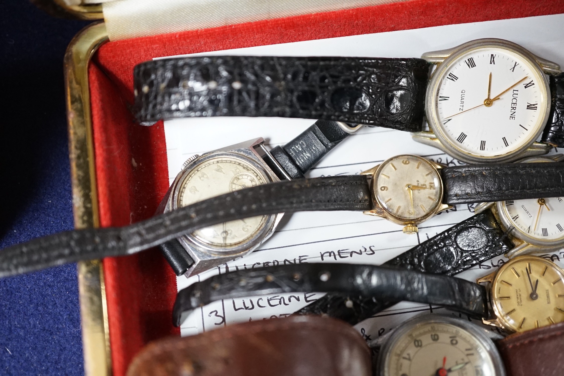 A group of assorted lady's and gentleman's wrist watches including a lady's 9ct Omega and Tichnique, two Lucerne quartz and two steel watches including Festiva.